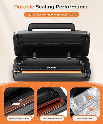 Miniatura 6 de Máquina selladora al vacío de 95 kpa, sellador de alimentos automático comercial, potente sistema de sellado con doble sellado térmico, Negro