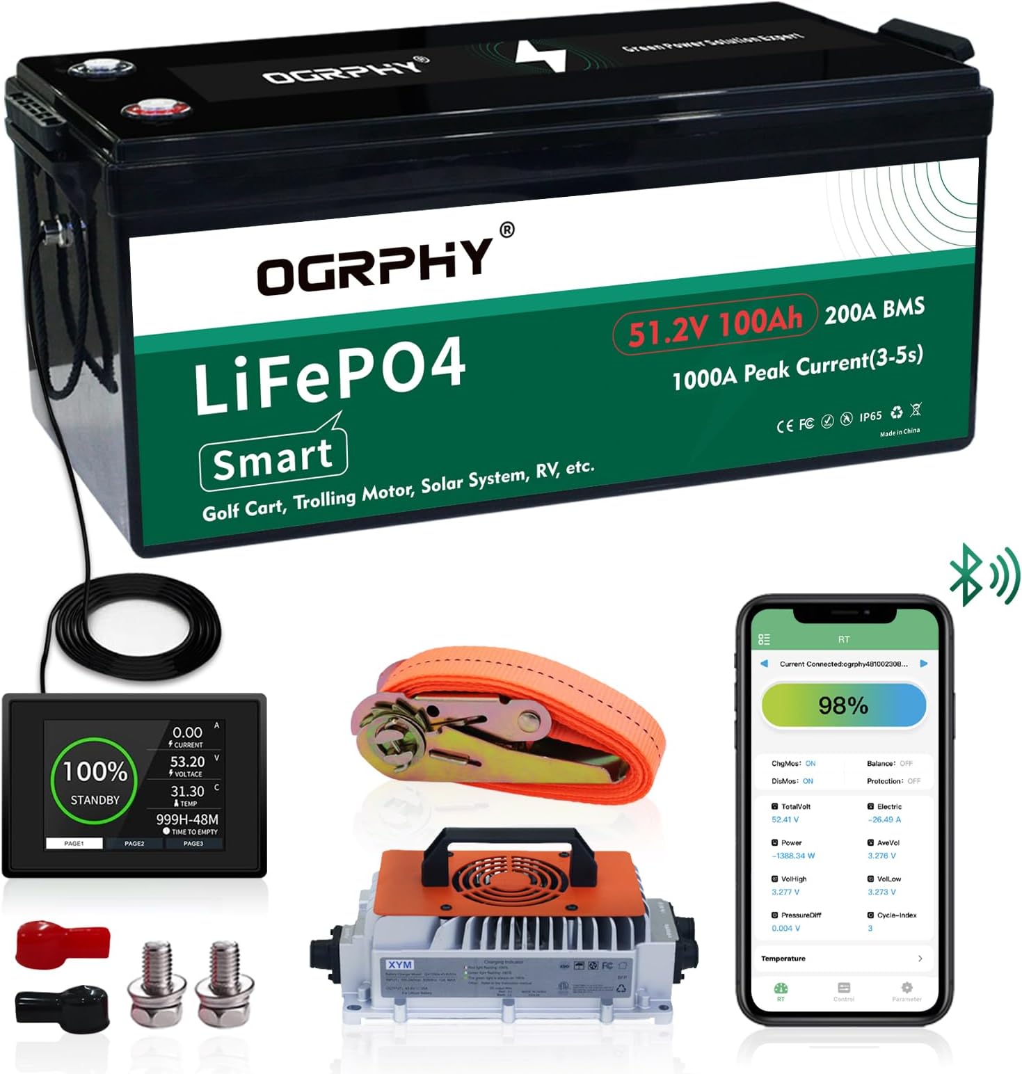 48 V 100 Ah LiFePO4 Bluetooth Battery 5.12 kWh Grade A Lithium Battery with 500 A Peak Current, 5000 + 48 V Lithium Battery with Charger for Car Applications