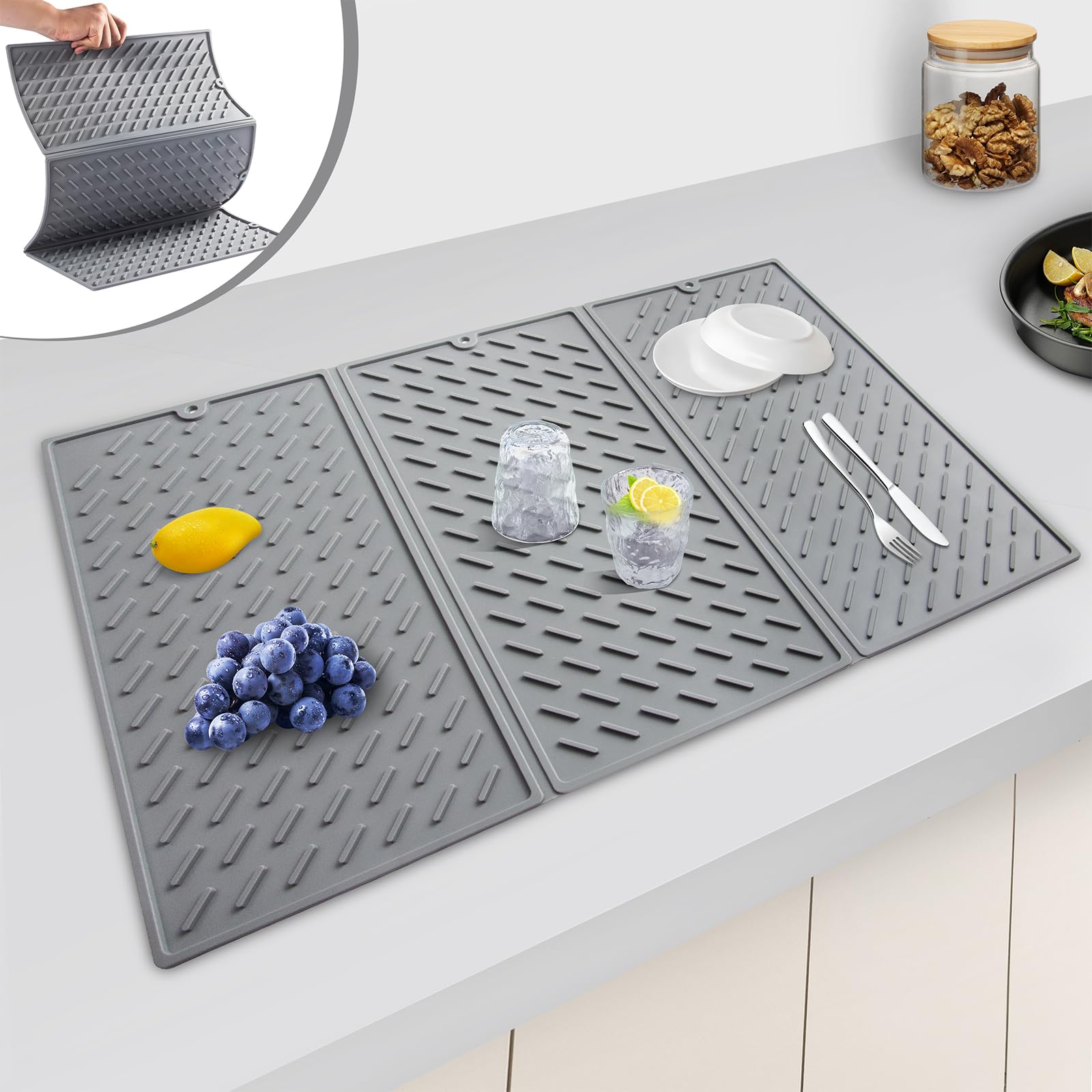 Tapete de secado de platos de silicona, tapete escurridor plegable de tres pliegues, almohadilla de secado con gancho para cepillo de taza, sin BPA, calor duradero, tapete de secado de platos de 24 x