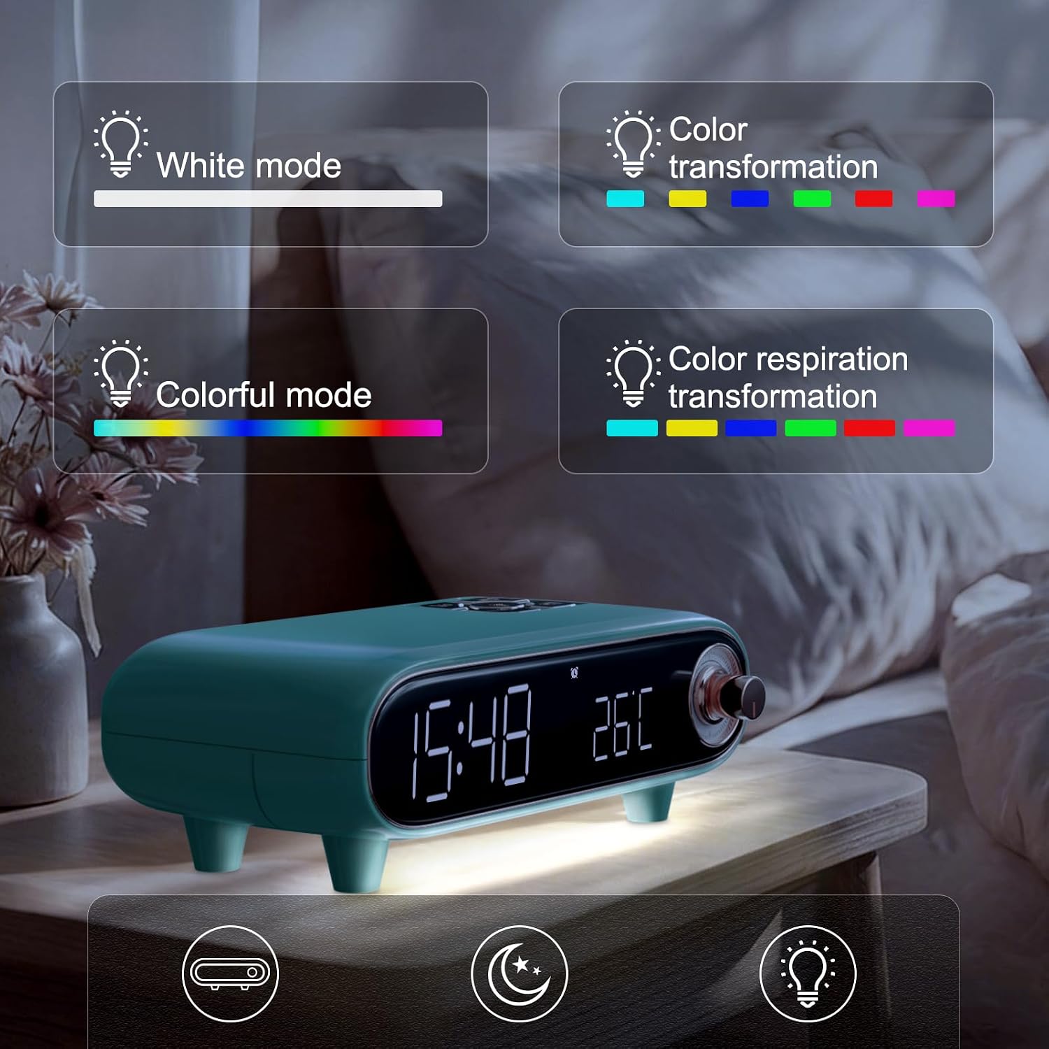 ONCHEER Alarm Clock Radio for Bedroom, Loud Voice for Deep Sleep, Bluetooth Speaker, USB/TF Card Music Playing, Digital FM Radio, Temperature Display, LED Night Light, Cute Decor for Home (Sky Blue)