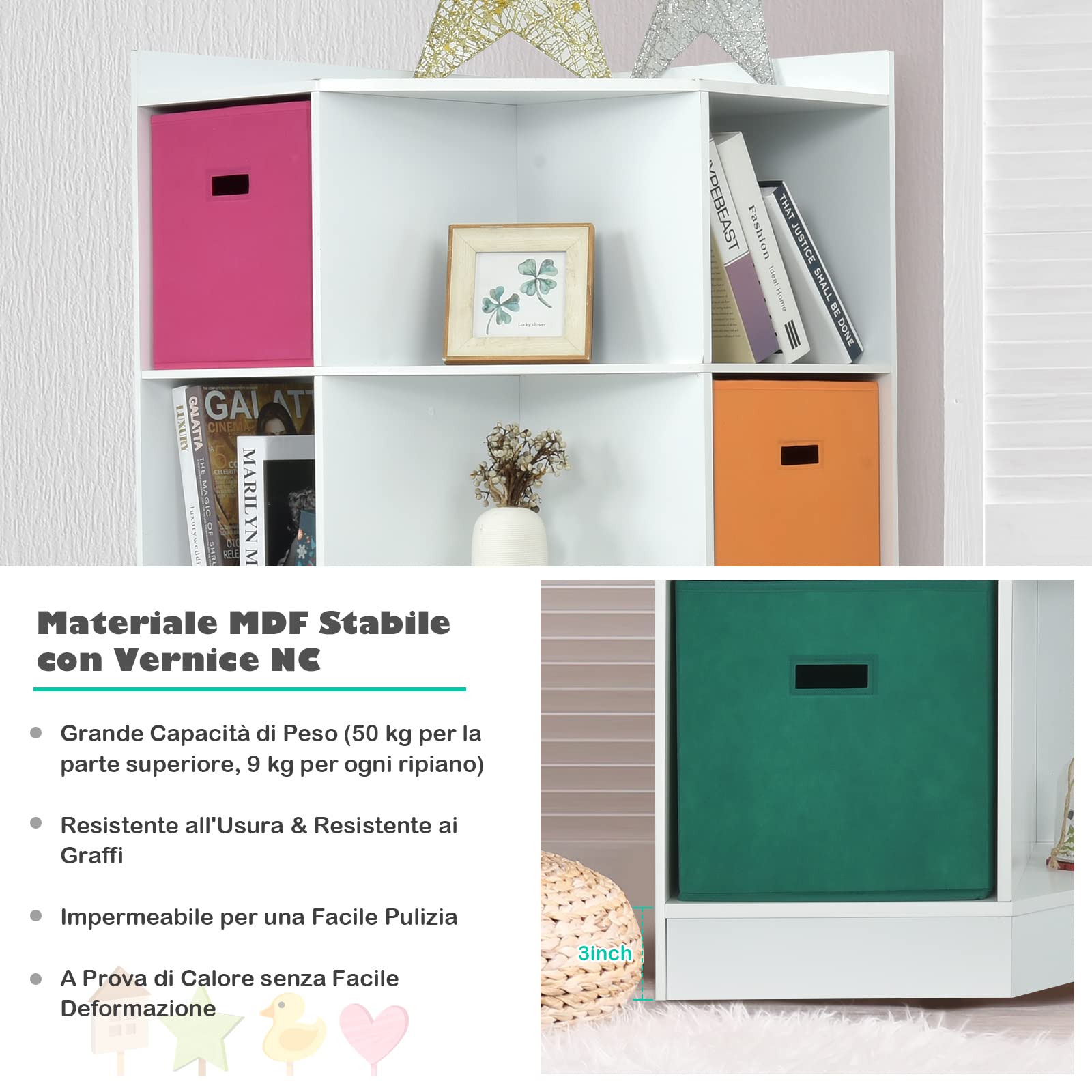 COSTWAY Scaffale Angolare, Scaffale ad Angolo con Tre Cestini Colorati e 9 Ripiani, per Casa, Soggiorno e Camera da Letto, 81x 61 x 94cm (Bianco)