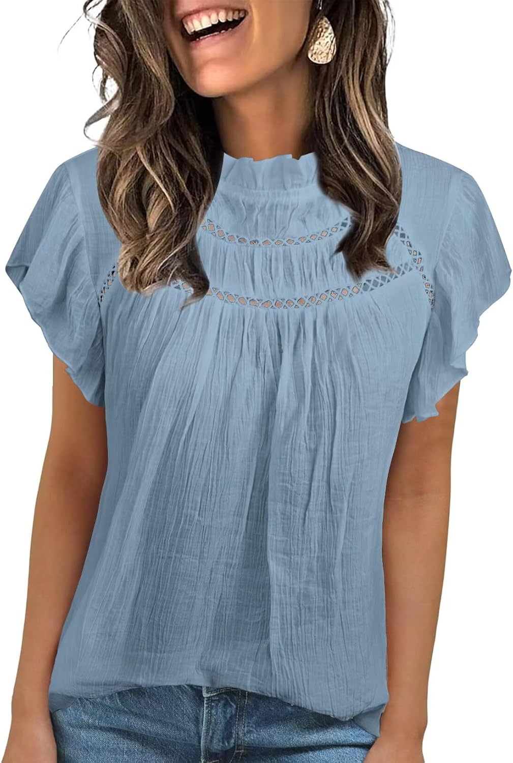 Blouses for Women Summer Tops 2025 Trendy Ruffle Sleeves Mock Neck T Shirts Pleated Front Loose Fit Work Blouse
