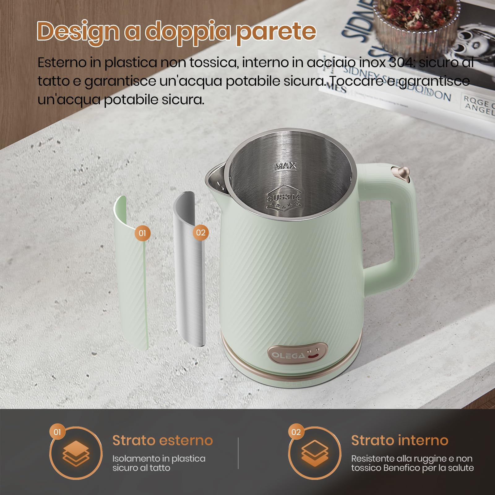 OLEGA Bollitore elettrico per acqua, bollitore per acqua calda a ebollizione rapida da 1800W, bollitore per acqua calda portatile da 1,8 litri Bollitore elettrico per tè Teiera (Verde)
