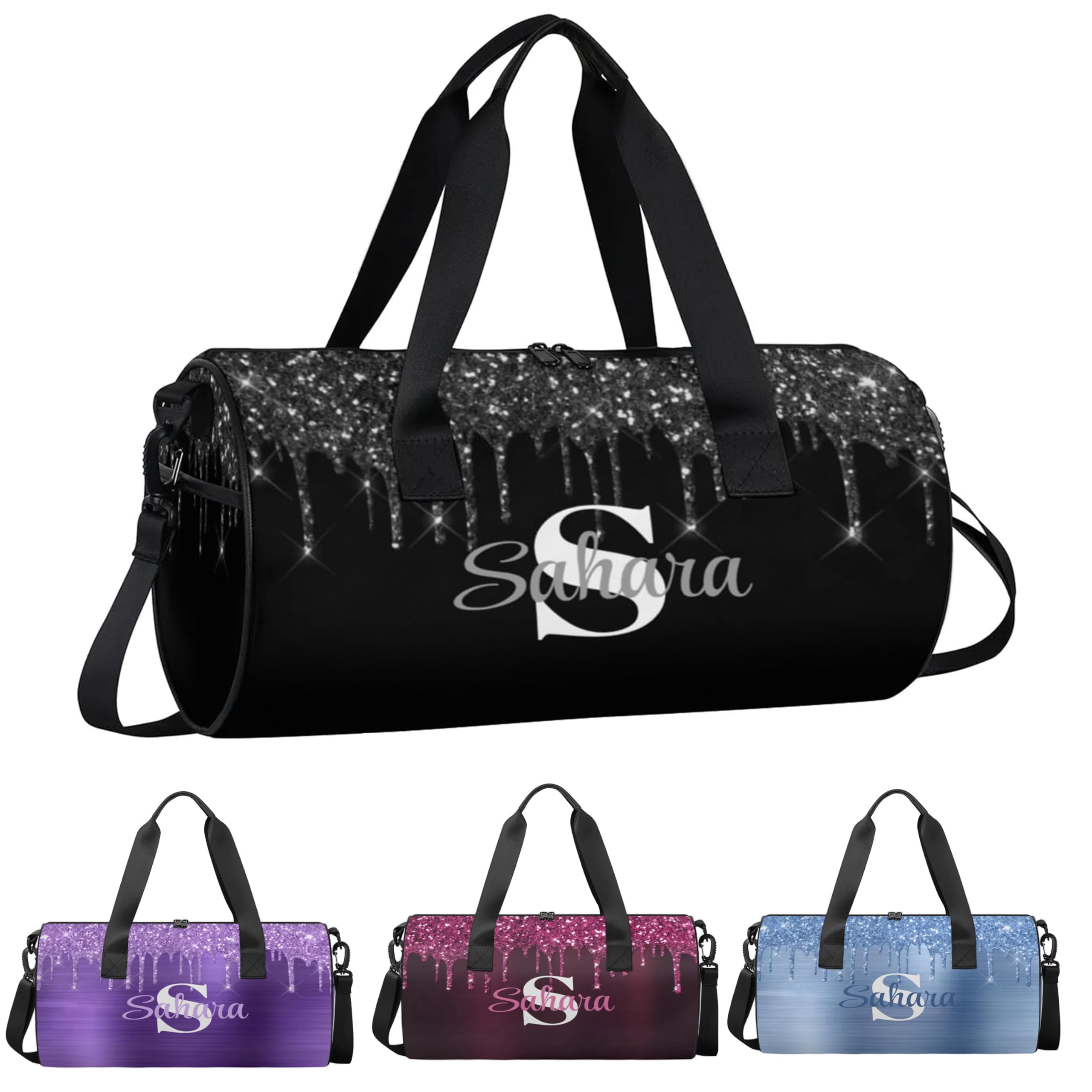 Personalized Glitter Dance Bag Duffle Bag for Girl, Custom Gymnastics Cheerleader Bag Travel Bag Sport Gym Bag Weekender Bags with Adjustable Black Glitter Drips