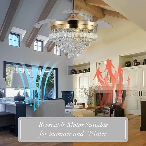 Miniatura 8 de Finktonglan Ventilador de techo de cristal dorado de 42 pulgadas con luz, modernos ventiladores de techo con luces de control remoto LED retráctil