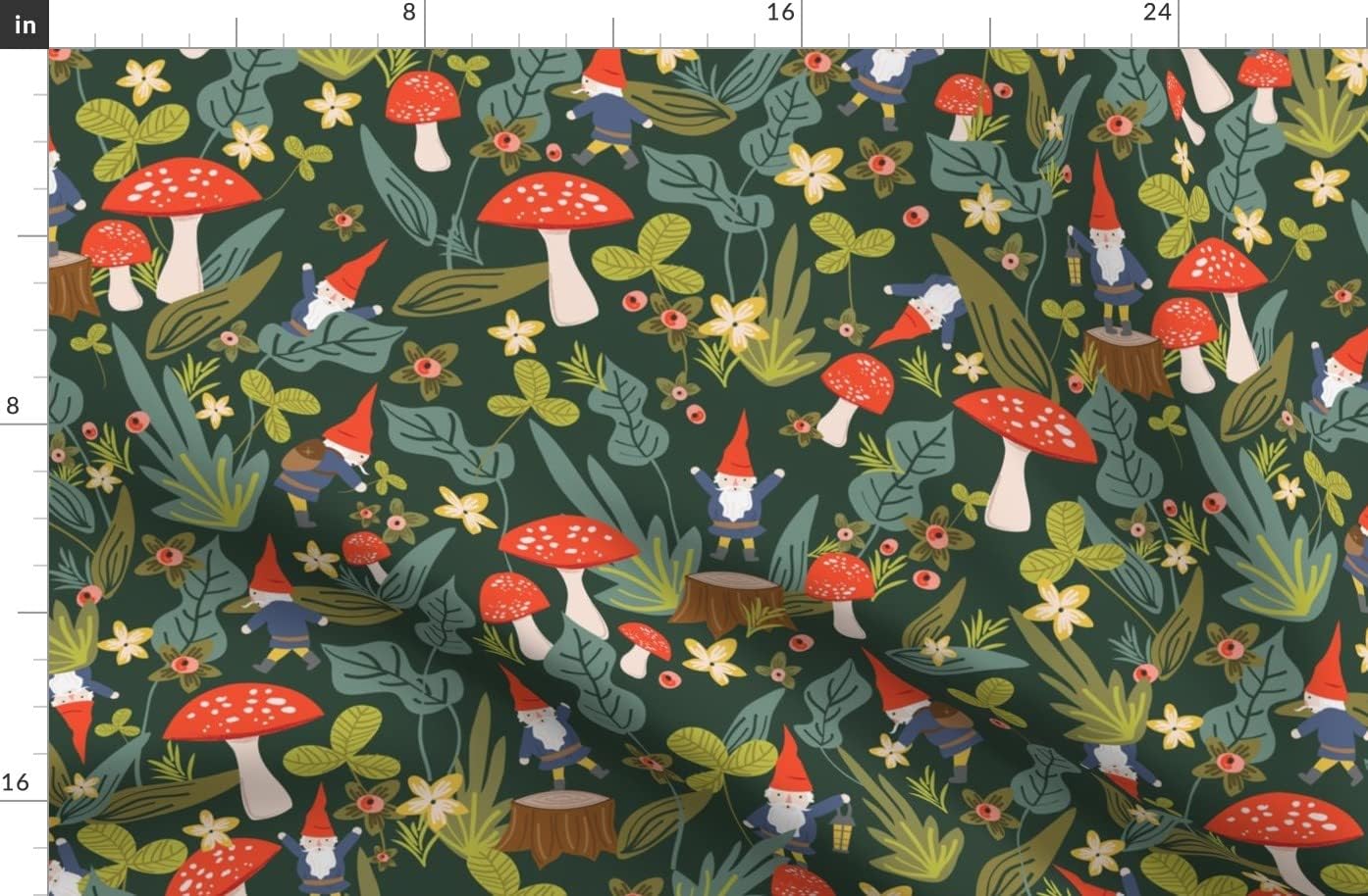 Spoonflower Fabric - Woodland, Gnomes, Large, Red, Mushroom, Garden, Summer, Floral, Printed on Denim Fabric by The Yard - Bottomweight Apparel Home Decor Upholstery