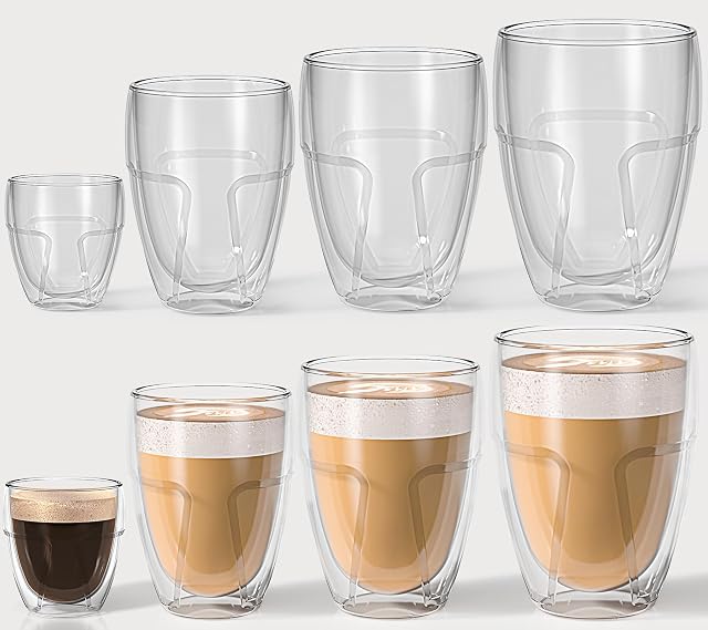 IZSUZEE Szklanki do latte macchiato z podwójnymi ściankami, zestaw 8 sztuk, 2 x 450/350/250/80 ml, nadają się do mycia w zmywarce, filiżanki do espresso, latte macchiato, cappuccino, cappuccino