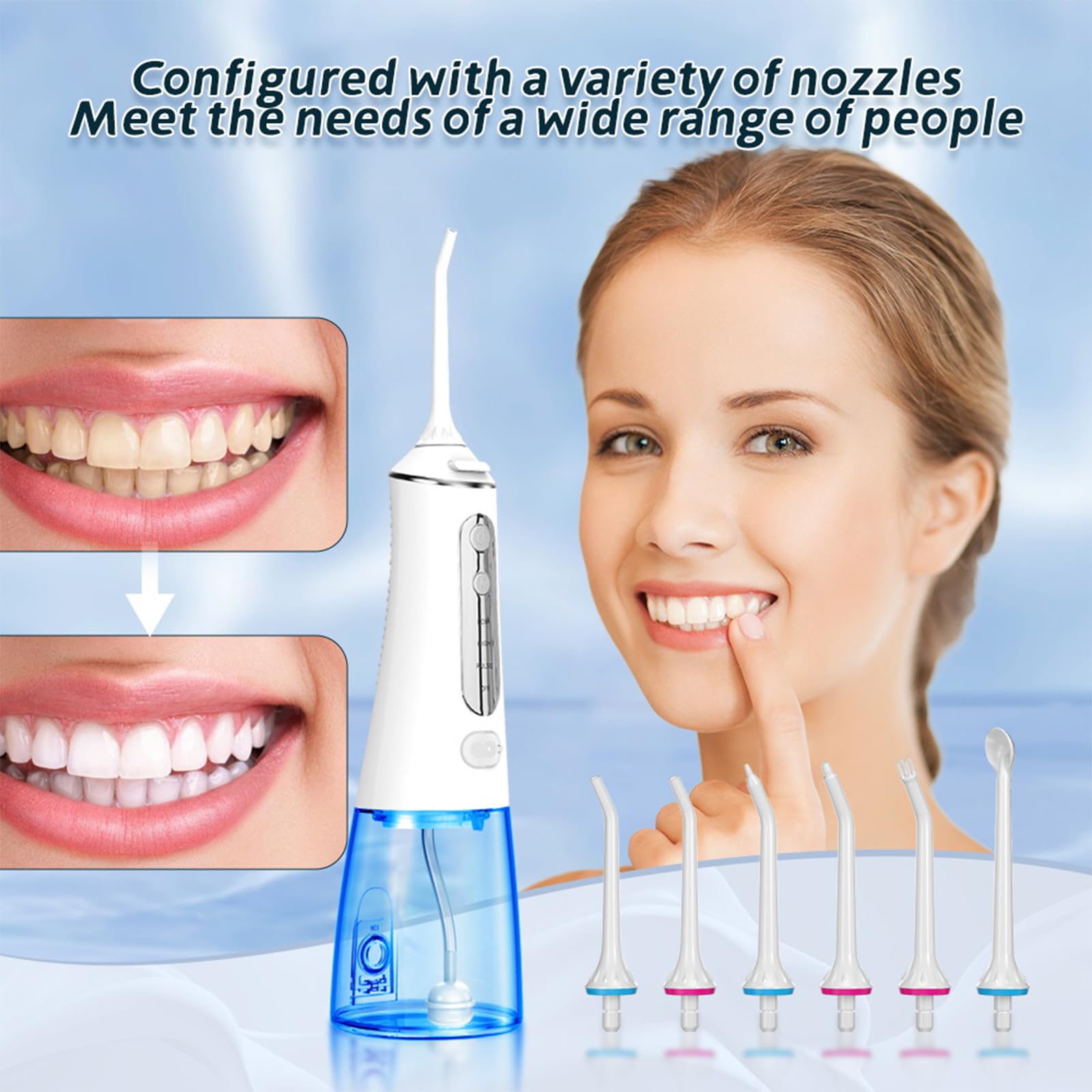 Idropulsore portatile senza fili per denti, 4 modalità 6 punte a getto per la pulizia del filo interdentale, IPX7 impermeabile ricaricabile Irrigatore Idropulsore per acqua orale