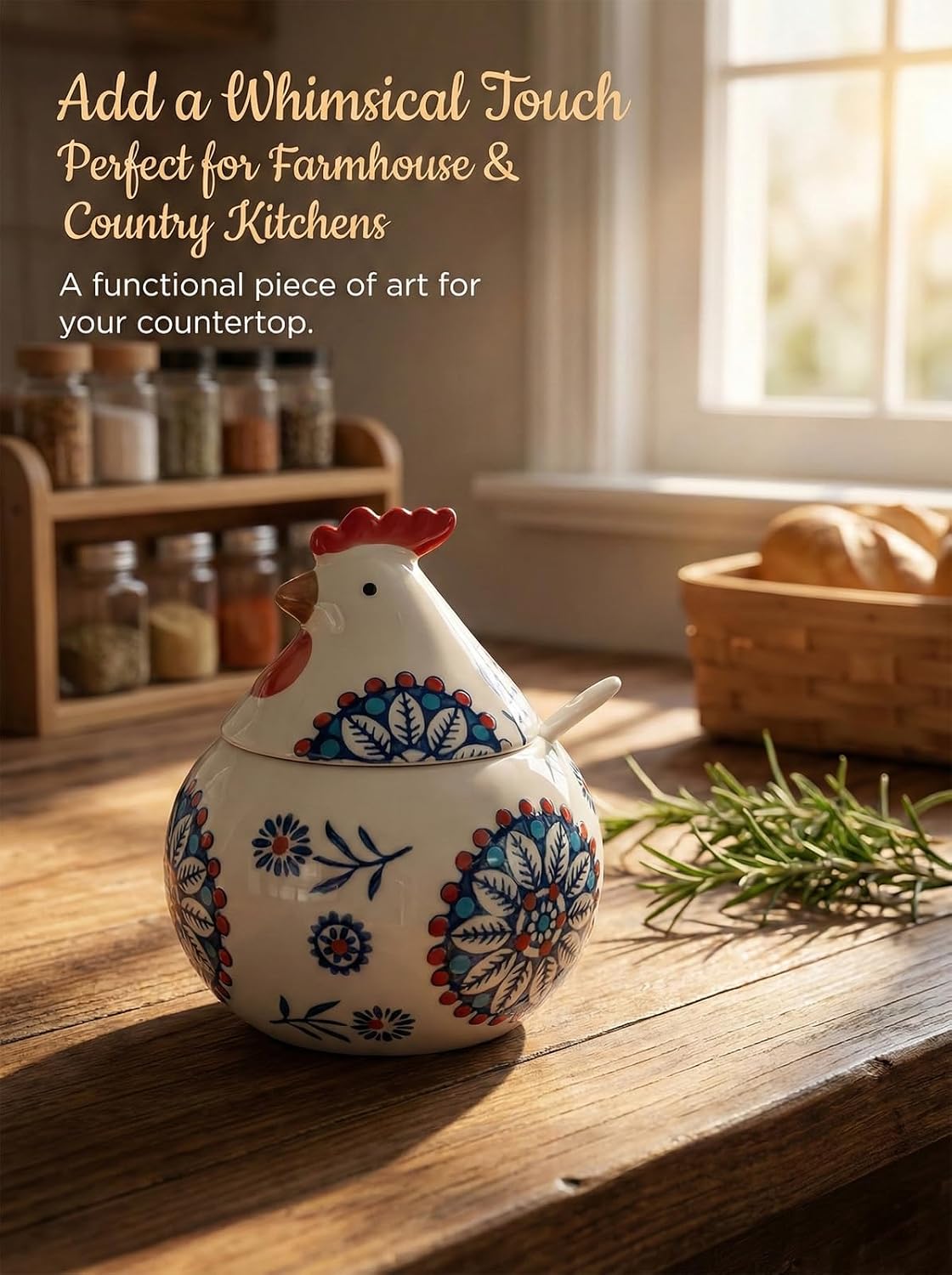 Ceramic Salt Cellar with Lid and Spoon 13oz Large Chicken Rooster Cookie Jar Salt Containers Holder for Counter, Coffee, Sugar, Spices and Candies Holder Ideal for Easter Day Home Kitchen Decor (Blue)