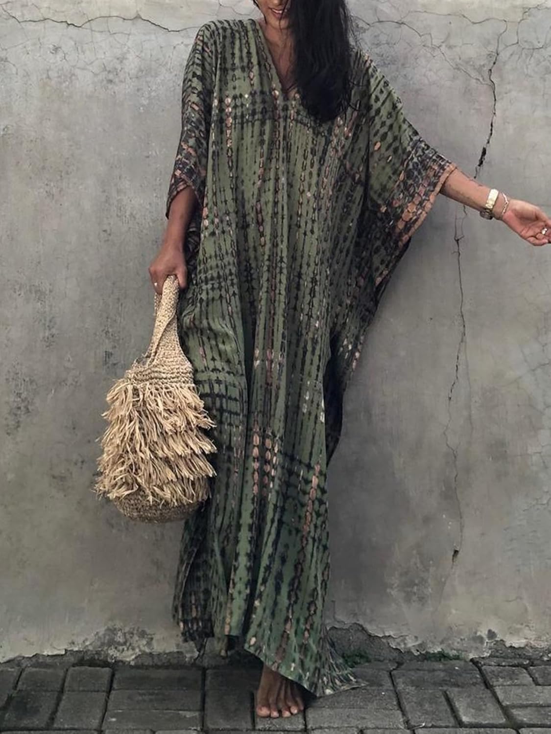 Moss Rose Women Summer Caftan Coverups Dress Kimono Beach Vacation Wear V Neck Print Maxi Boho Dress - Image 5