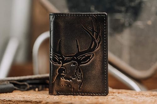Miniatura 4 de HoJ Co DeER Trifold  Cuero de grano completo con acabado pulido a mano  Cartera triple para hombre  Cartera de ciervos  Cartera exterior Negro