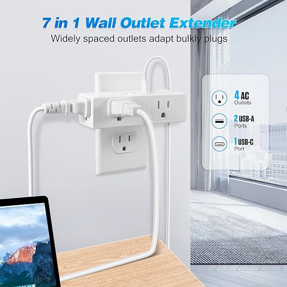 Surge Protector Outlet Extender, 4AC Multi Plug Wall Outlet with 3USB Ports
