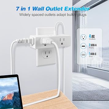 Surge Protector Outlet Extender, 4AC Multi Plug Wall Outlet with 3USB Ports