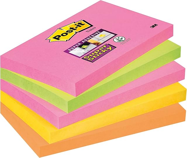 Post-it Super Sticky Large Notes, Pack of 5 Pads, 90 Sheets per Pad, 76 mm x 127 mm, Green, Yellow, Orange, Pink Colors - Large Extra Sticky Notes For Note Taking, To Do Lists & Reminders