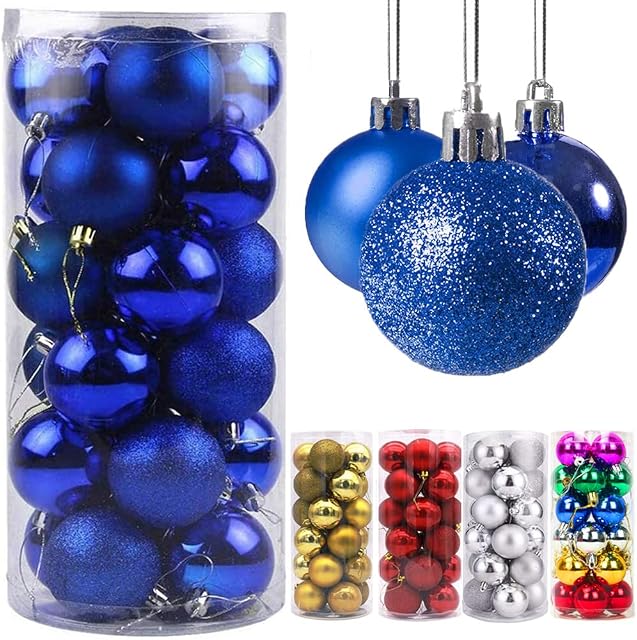 Christmas Baubles, 24 Pcs Christmas Tree Decoration Ball Ornaments Shatterproof Balls for Xmas Hanging Seasonal Decorations Festival Holiday Decor - Shiny, Matte, Glitter Decorated Baubles(4cm, Blue)