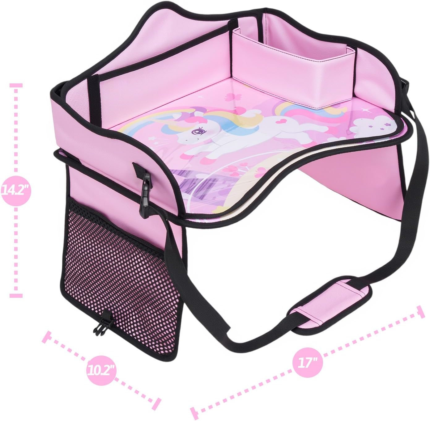 OUOZZZ Kids Travel Tray for Car, Girl's Safety Seat Table | Weight-Relief Strap, Non-Skid Silicone Base, Waterproof Dining/Craft Mat, Carseat/Airplane Lap Desk