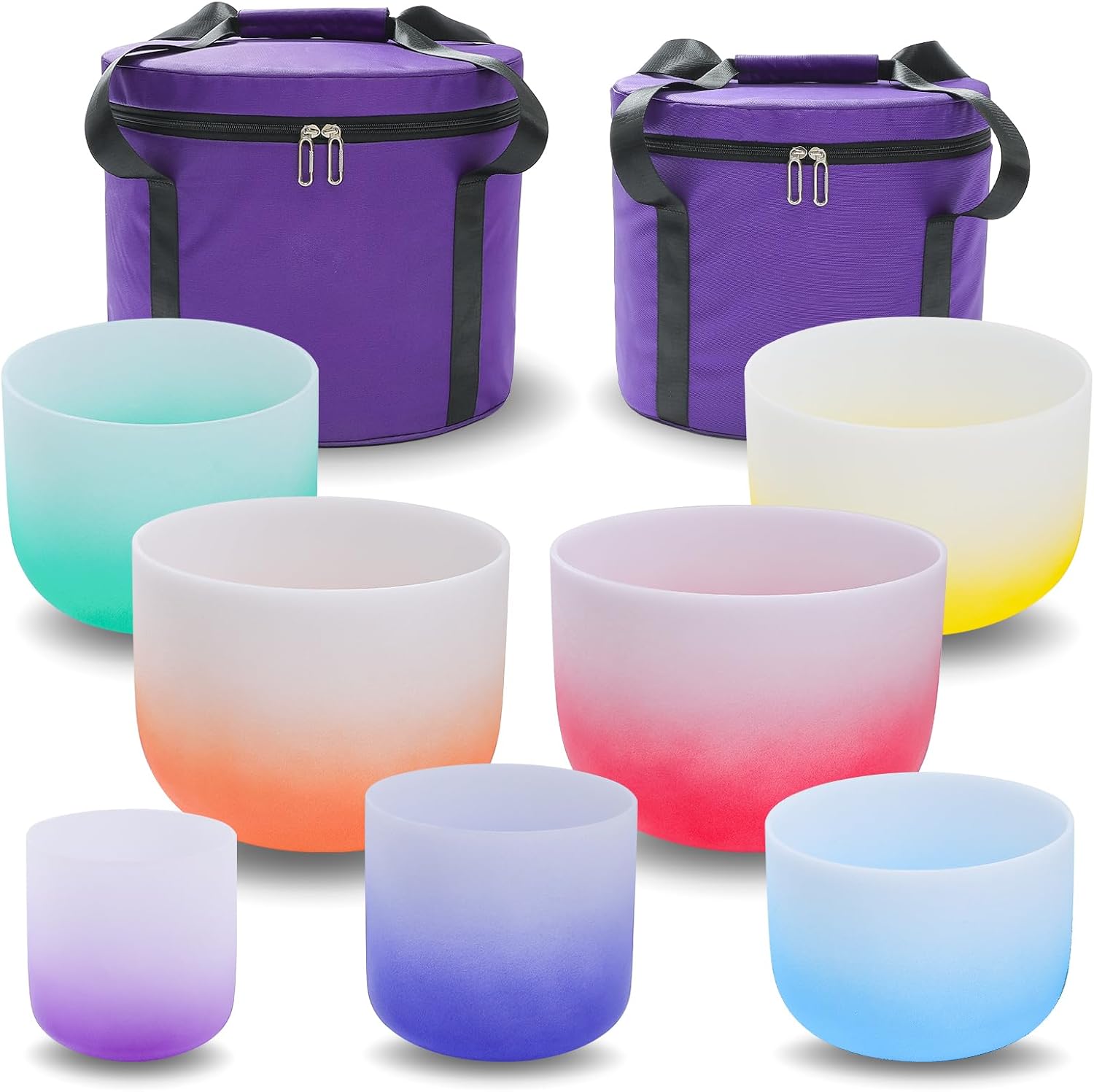7-Piece Crystal Singing Bowl Set – 6" to 12" Quartz Chakra Tuning Bowls with Padded Carrying Cases, Meditation Sound Healing Instrument for Yoga, Mindfulness, Deep Relaxation (432Hz and 2 bags)
