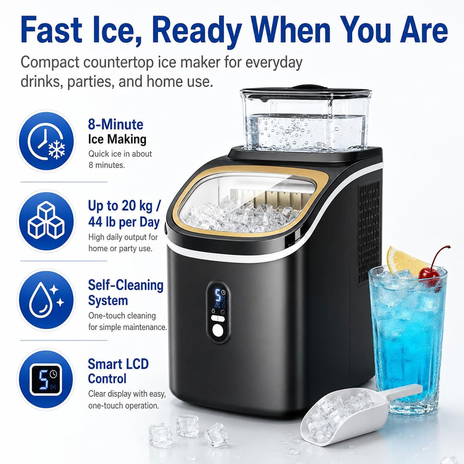 JOSBY Máquina De Hielo Portátil De 20 Kg/día, con Pantalla LCD Y Depósito De Agua Desmontable De 1,5 L, Autolimpieza, Temporizador De 24 Horas, Congelación Eficiente, Ideal para El Hogar, La Oficina
