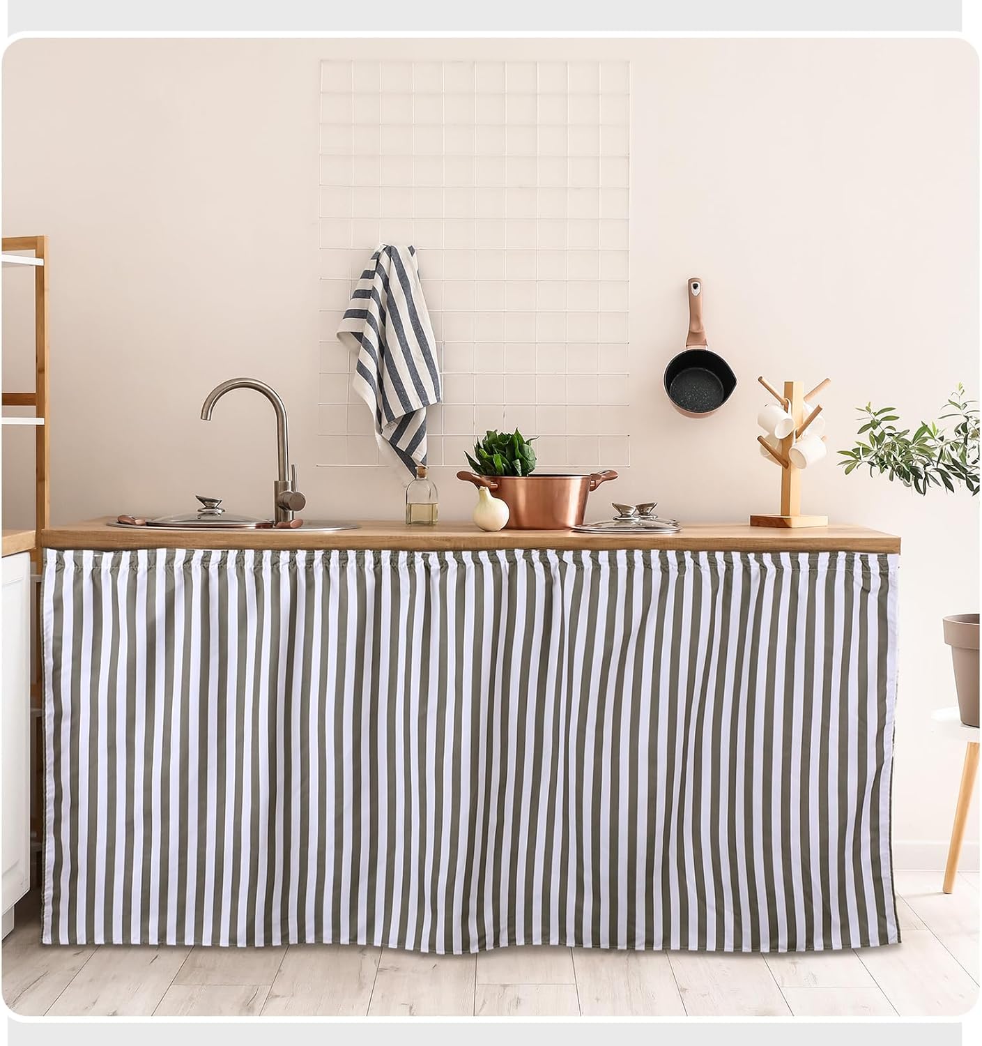 Hahafelt Fabric Sink Skirt 55"x32" Self-Adhesive Cabinet Skirt, Stripe