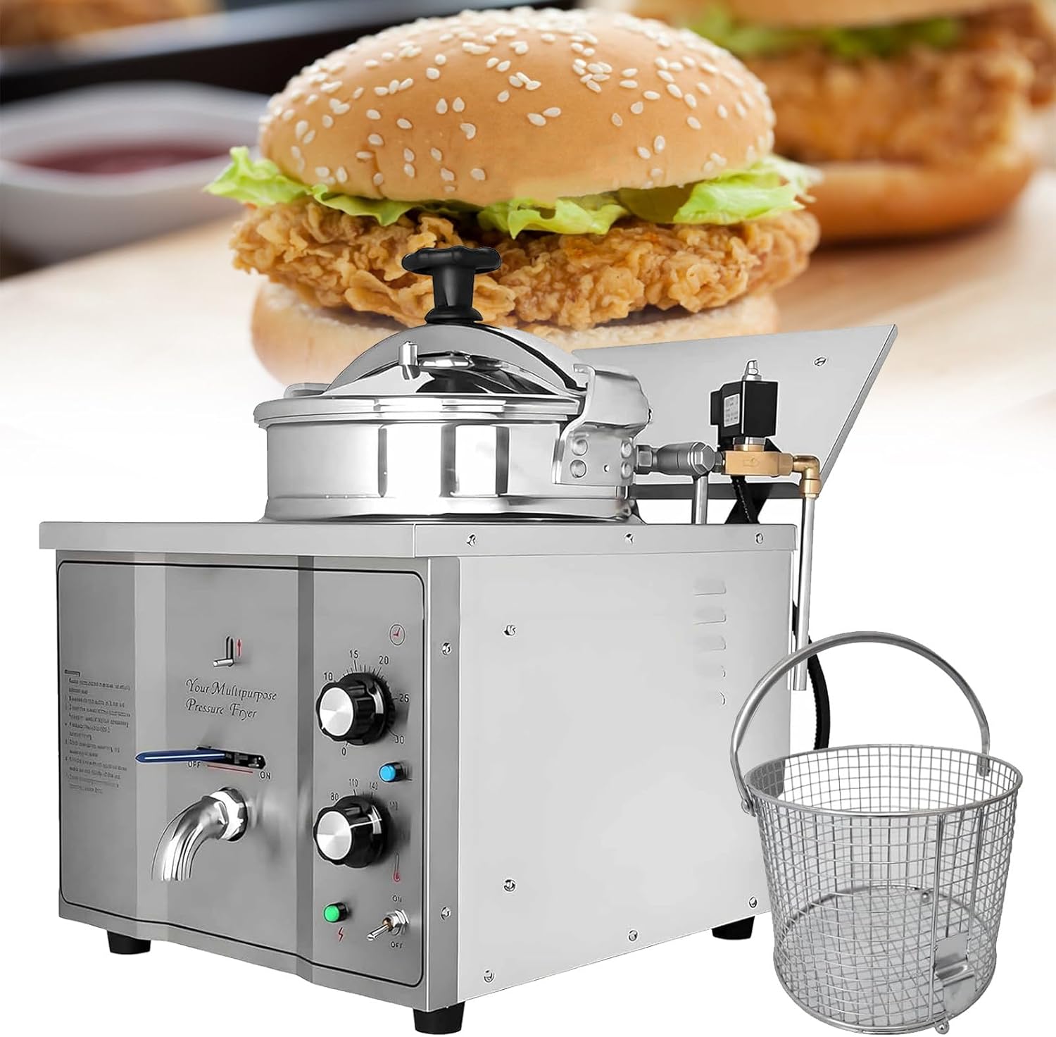 Freidora a Presión Eléctrica 3000W 16L, Acero Inoxidable con Canasta