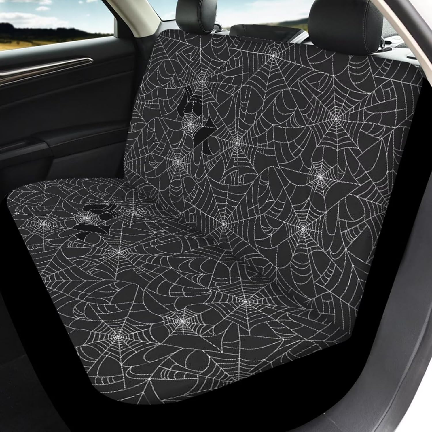 Spider Web Car Seat Covers Full Set with Floor Mats,Spider Web Car Steering Wheel Cover,Seat Belt Cover Pad Universal Fit for Most Cars Trucks SUVs Auto Interior Accessories