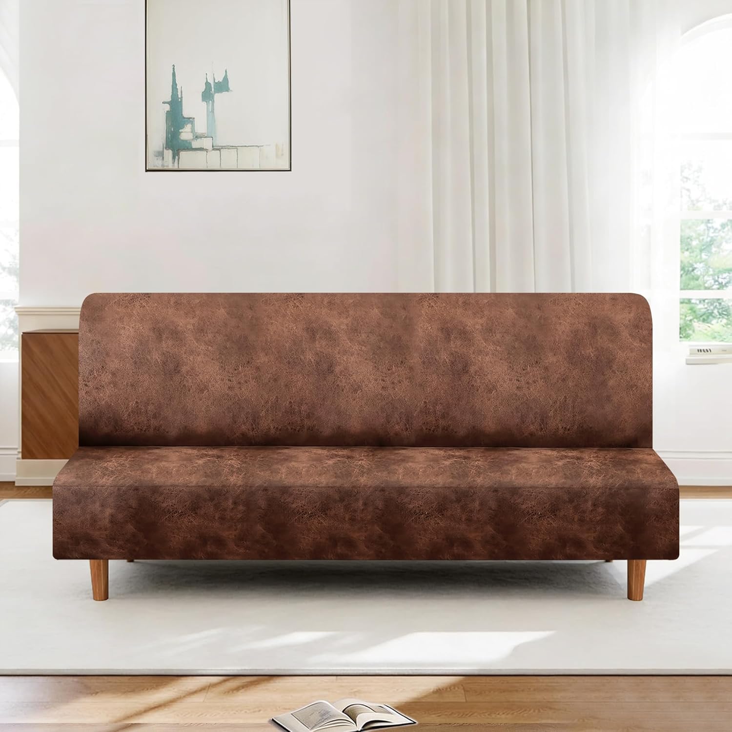 Leather-Like Stretch Futon Slipcover, Armless RV Jackknife Sofa Cover for 47"-61" Back, Faux Leather Texture Furniture Protector, Machine Washable, Pet & Kids Friendly (Medium, Light Brown)