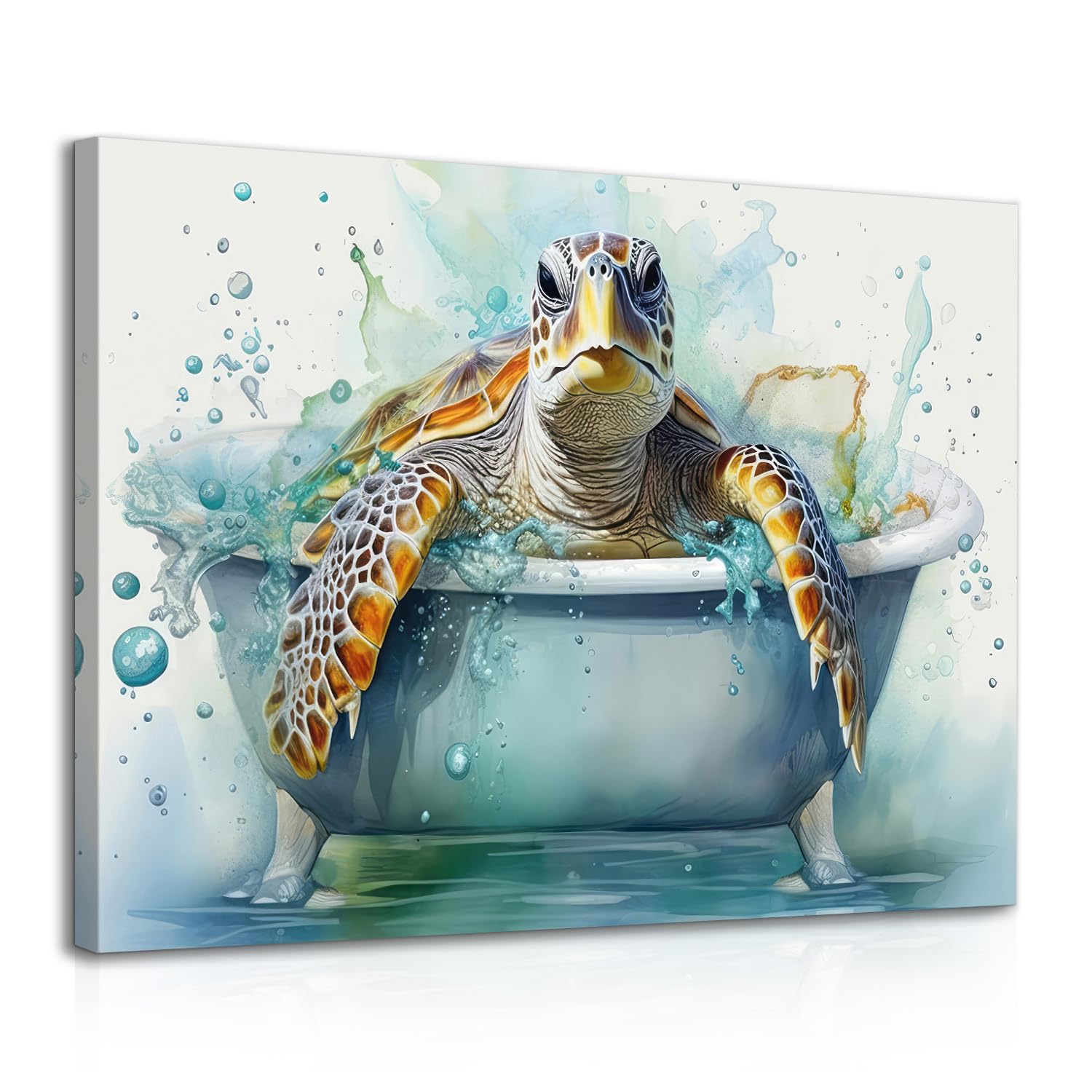 Dazzlewall Framed Sea Turtle Bathroom Wall Art Poster Funny Turtle in Bathtub Painting, Ocean Themed Wall Poster for Bathroom Toilet Decor 12x16 in