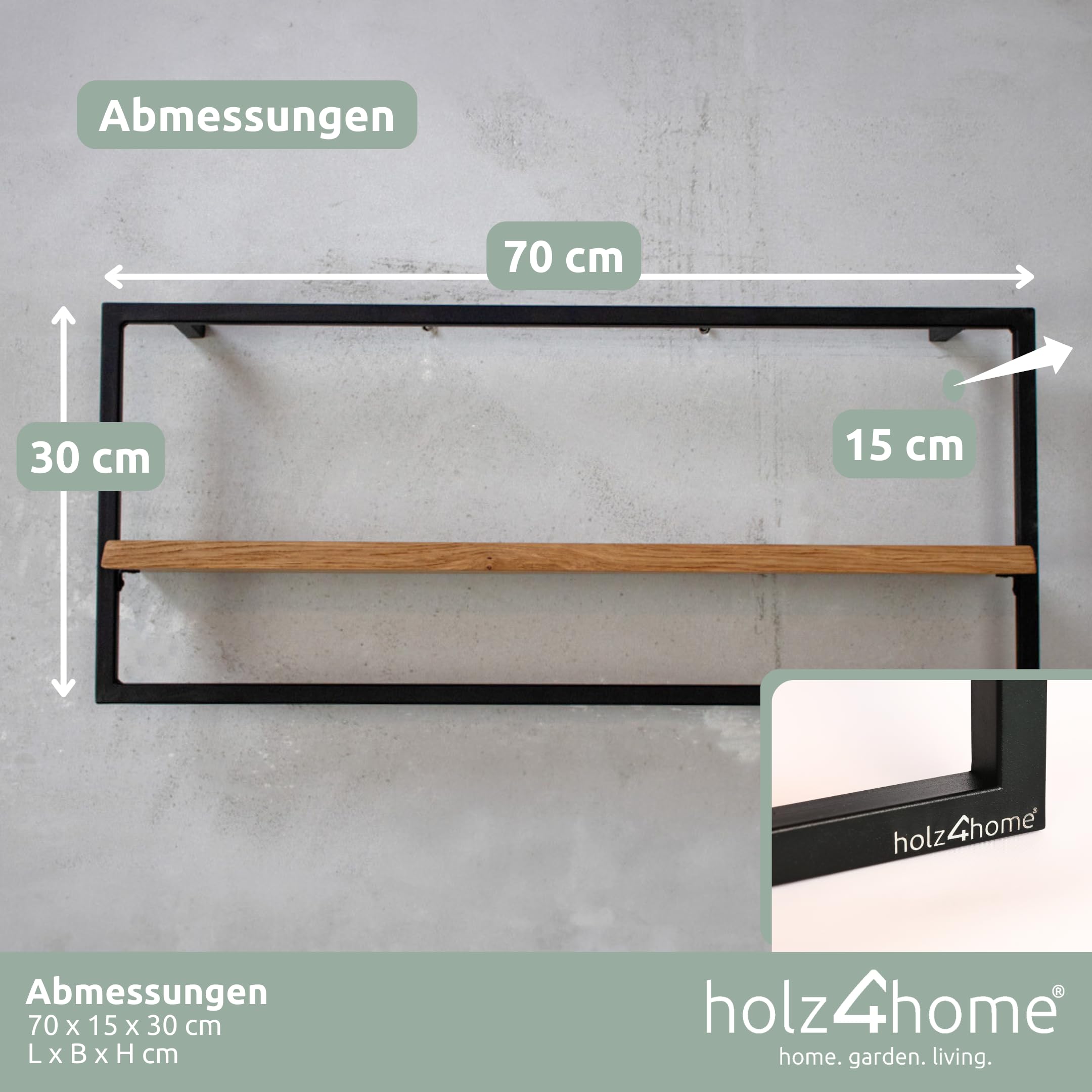 holz4home® 4-teiliges Wandregal Set I Eichenholz Schwarz gerahmt I Mit Baumkante, Natur geölt I Inkl. Befestigungen aus Stahl für Schweberegal Industrial Flair