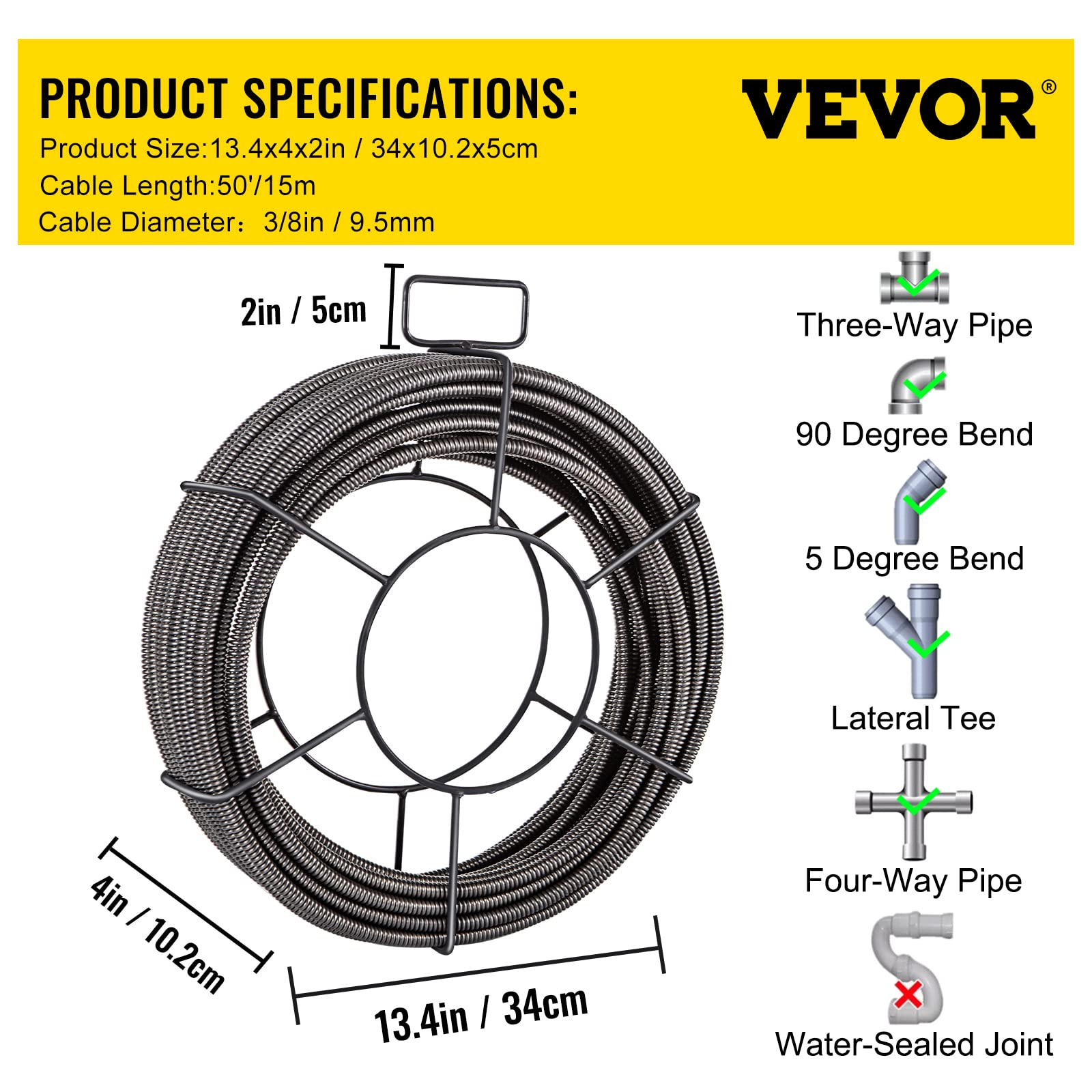 VEVOR Furet 50pi 3/8po Tuyau pour Flexible nettoyeur haute pression Tuyau serpentin pour toilettes bouchées et les éviers