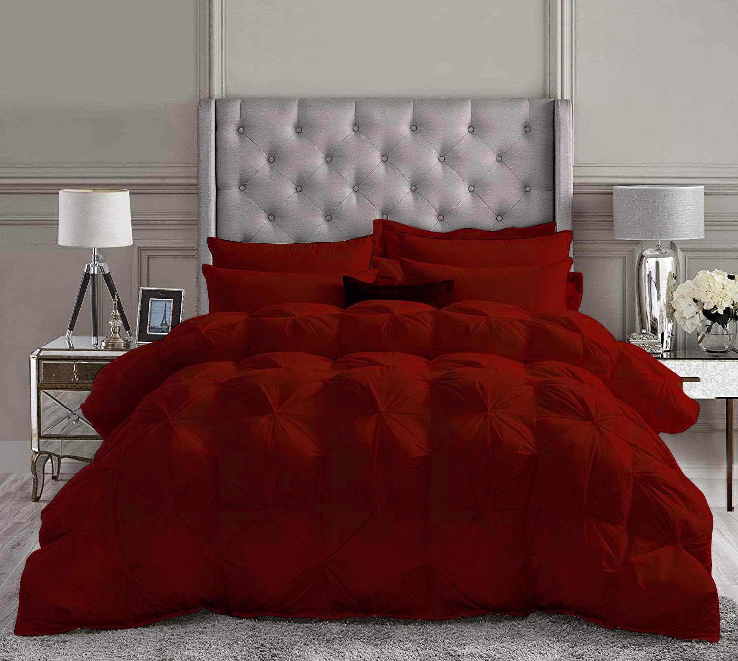 DNG Creations 3 Piece Luxury Pinch Pleated Comforter Set Premium Super Soft 400 GSM All Season Pintuck 1000 Thread Count 100% Egyptian Cotton Super Soft King/California King Size Burgundy Color