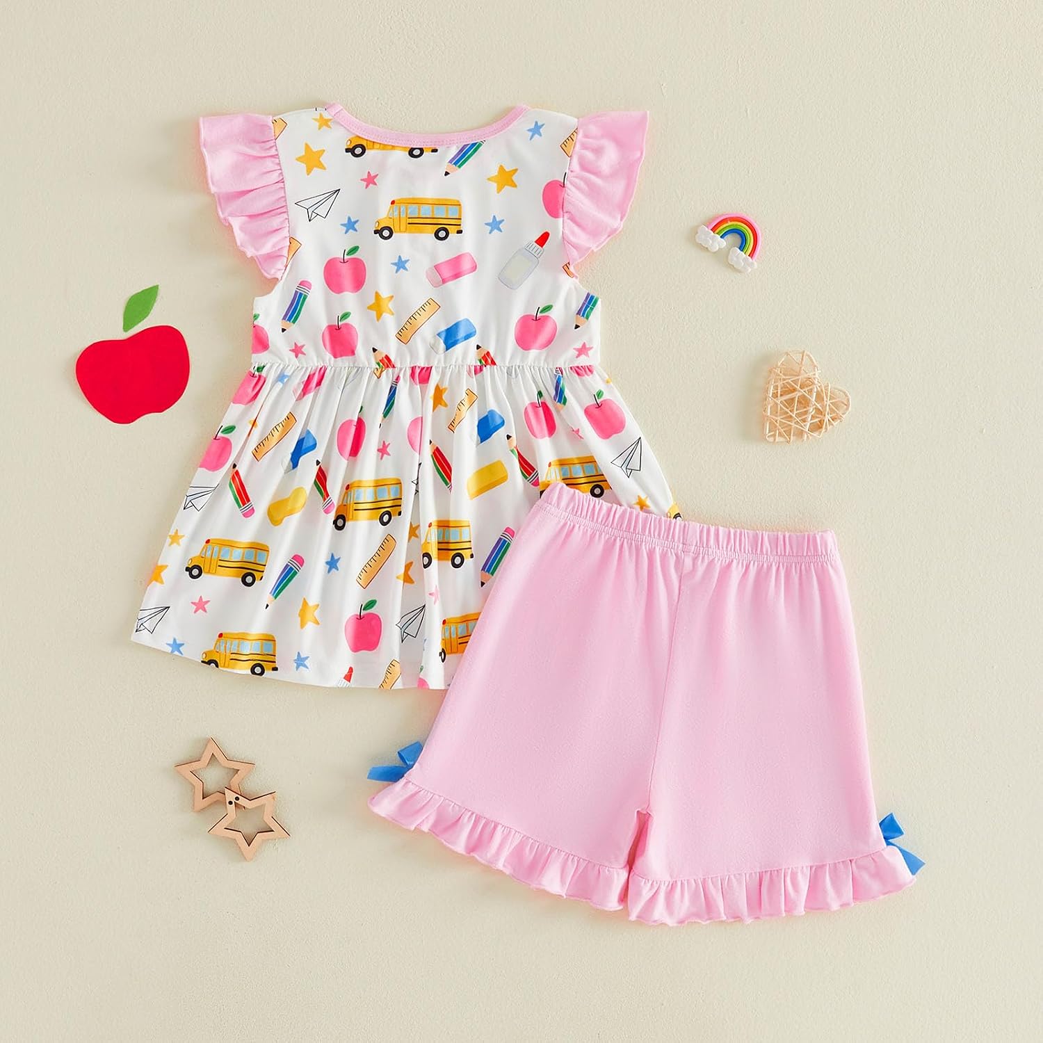 Pudcoco Toddler Girls Back to School Outfit First Day of School Apple Pencil Print Ruffle Dress Tank Top and Shorts Set