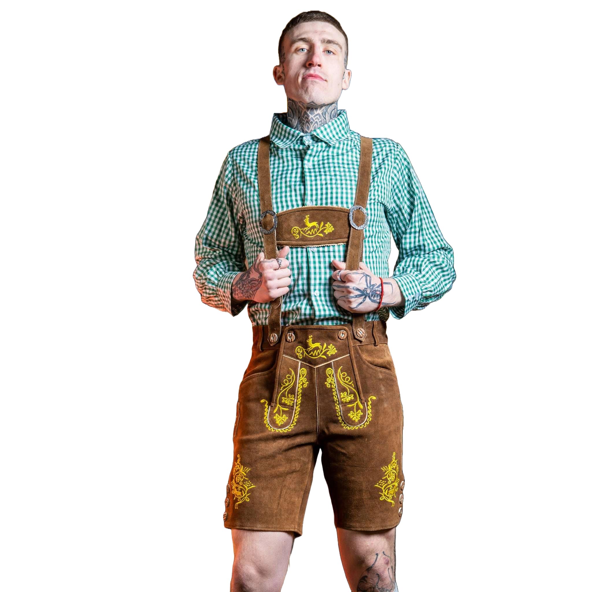 RAC3 Oktoberfest Mens Lederhosen Real Cowhide Suede Leather with Matching Suspenders Bavarian Shorts (Brown, 34)