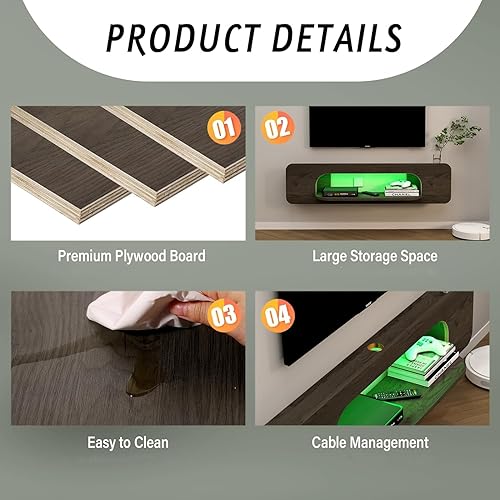 Miniatura 8 de Bixiaomei Soporte de TV flotante con luces LED, armarios de TV montados en la pared de 48 pulgadas con 1 estante abierto, consola central de