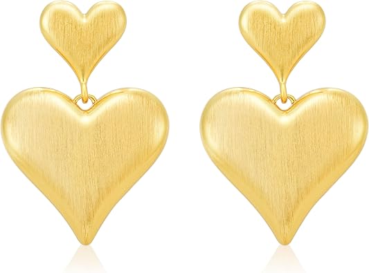 Gold Heart Earrings Dangle, Big Heart Dangle Earrings for Women, Sparkly Large Heart Shaped Earrings, Trendy Double Heart Drop Earrings, Cute Love Heart Dangling