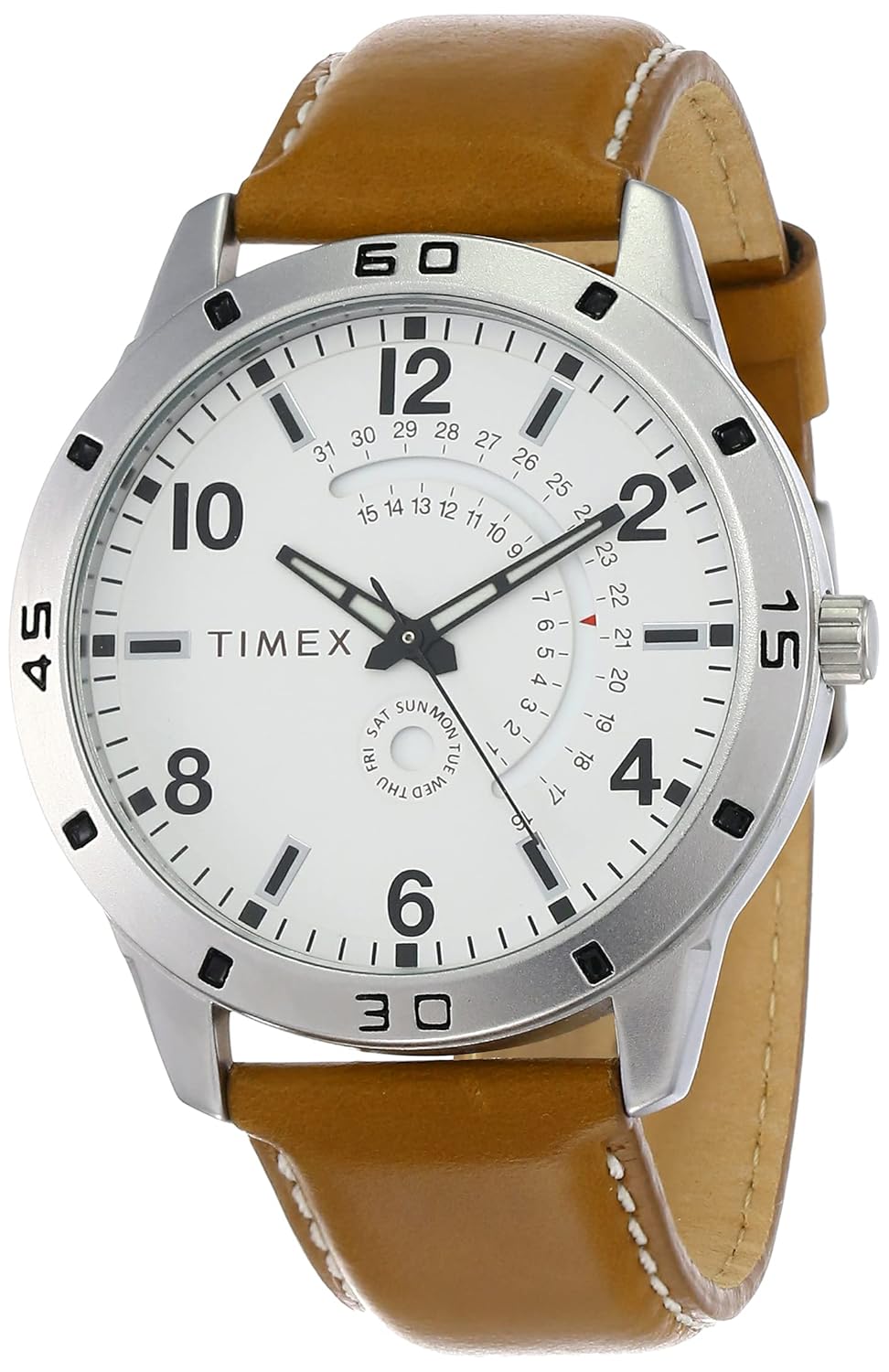 TIMEX Analog Watch for Man with White Round Dial & Brown Leather Strap Band Water Resistant Men’s Wrist Watches – TW000U927