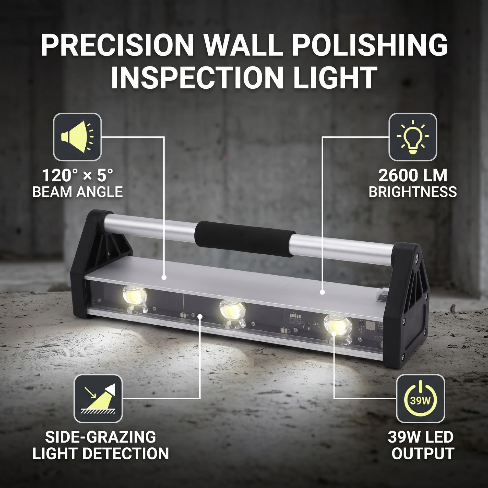 Zunate Luz de Inspección de Pulido de Pared de 2600 Lúmenes, ángulo de Haz de 120 X 5 Grados, Luz Rasante Lateral de 3 LED para Inspección de Pintura de Piso de Azulejos de Pared, Lámpara de