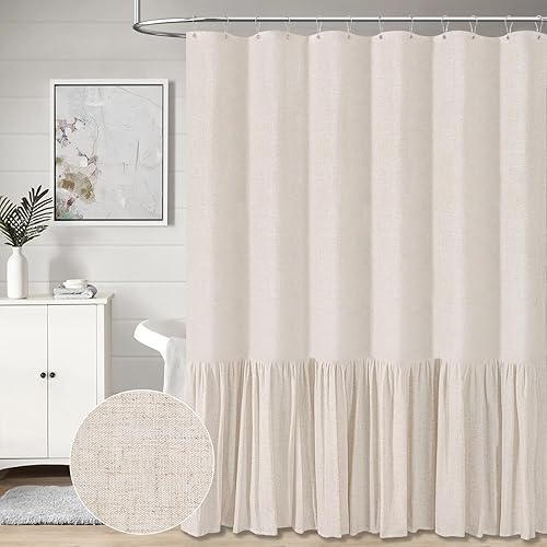 Miniatura 7 de BTTN Cortina de ducha de lino extralarga, 72 x 96 pulgadas de largo, juego de cortina de ducha de tela resistente con dobladillo con volantes,