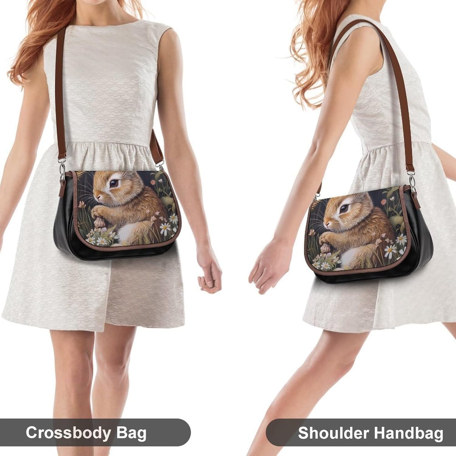 Bunny Rabbits Grass Wildflowers Women Crossbody Purse Leather Messenger Bag Handbags Shoulder Strap Bags