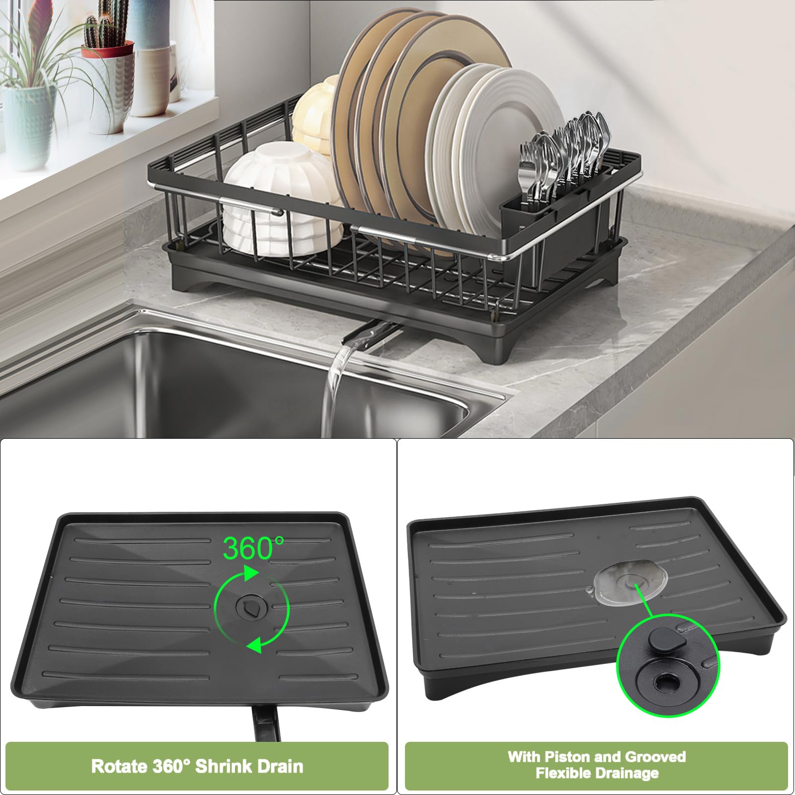 cutesun Escurridor de platos que ahorra espacio, para encimera de cocina y fregadero, estante de secado inoxidable con soporte grande para utensilios y pies aumentados, 15 pulgadas de profundidad x 11