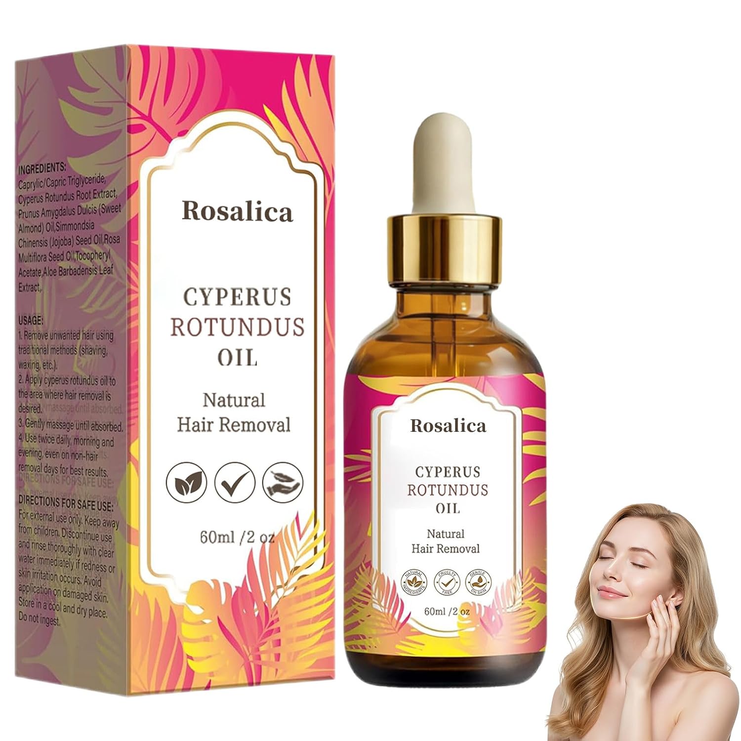 Rosalica Cyperus Rotundus Oil for Hair Removal, 3-in-1 Natural Cypress Rotundus Oil, Combines Hair Removal, Growth Inhibition and Skin Soothing, Hair Removal Oil Serum for All Skin Types (2 Bottles)