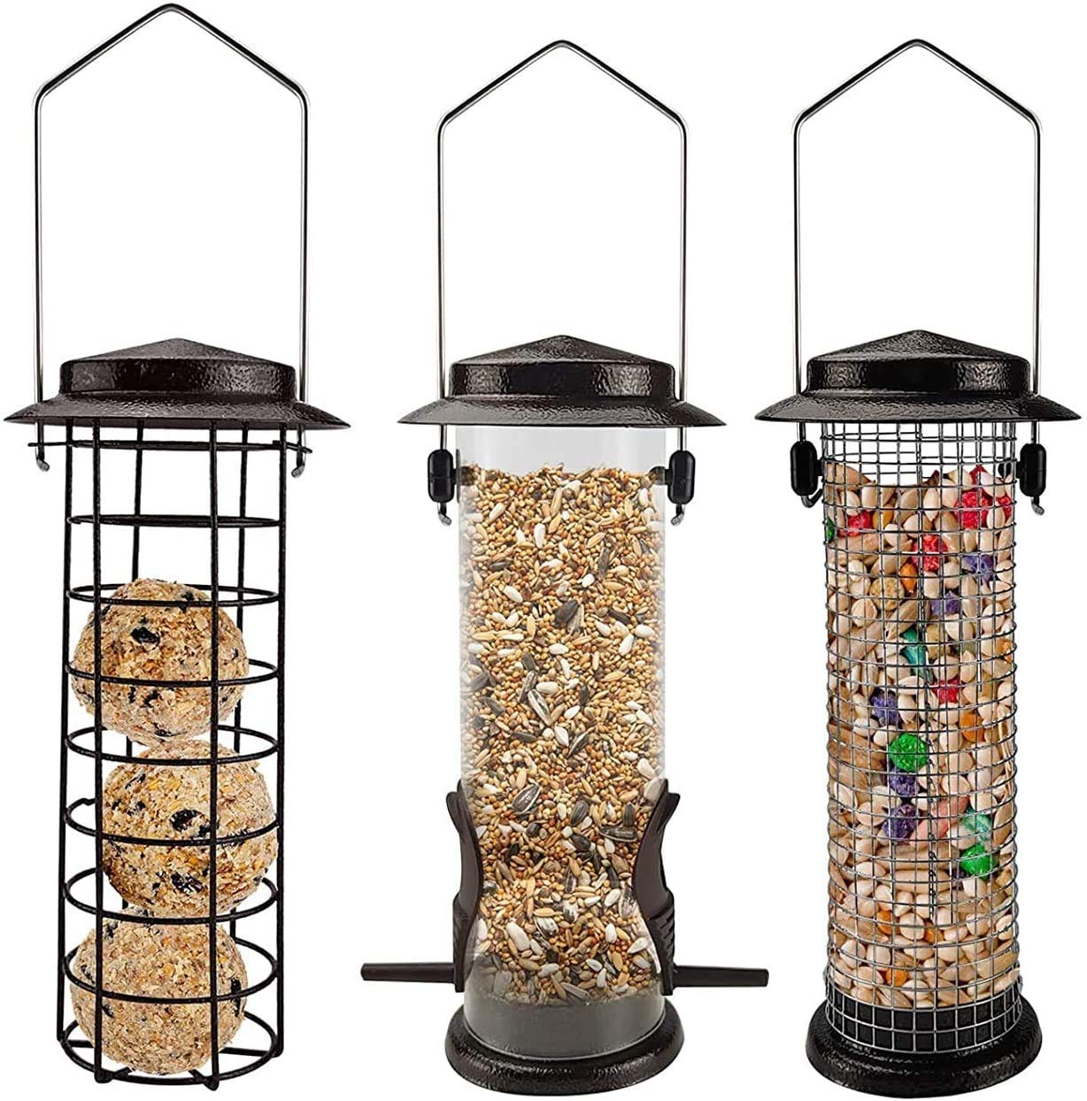 GPH Metal Wild Birds Feeders Mesh Feeding Stations with Steel Hooks Hangers for Hanging Fat Balls Nut,Seed for Outdoor Backyard Garden Weather Proof (Set of 3,BROWN OR GREY Random colour sent)