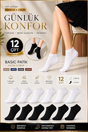 Patik Kad n  orap 12  ift Ekonomik Paket Siyah ve Beyaz | Yumu ak Doku, Nefes Alabilen, Dayan kl  ve Esnek, Cilt Dostu, Kaymaz Yap