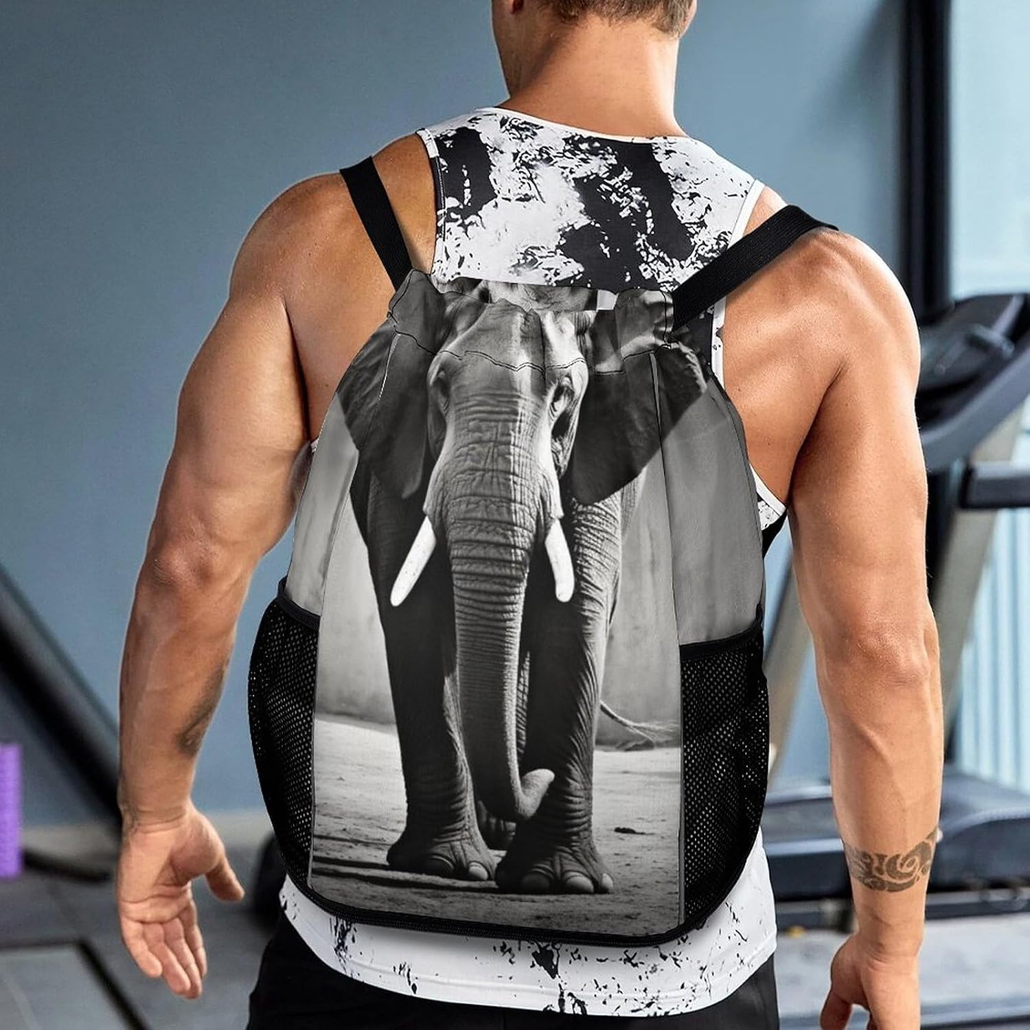 Small Gym Bag Black And White Elephant Printed Drawstring Gym Bag for Men Lightweight Waterproof Drawstring Backpack for Women with Shoe Compartment for Travel Tourism Work And Fitness