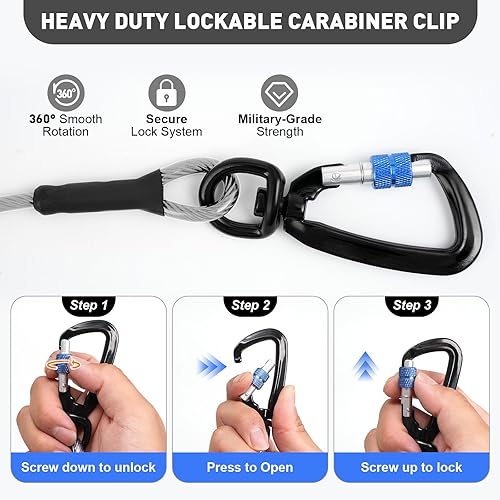 Miniatura 3 de Cable de amarre para perros de 50 pies resistente a prueba de masticación, sin enredos, con giro de 360 y clip de bloqueo para perros grandes de