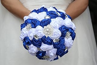Gkvszy Royal Blue and White Bridal Wedding Bouquet with Silver Brooch Bl...