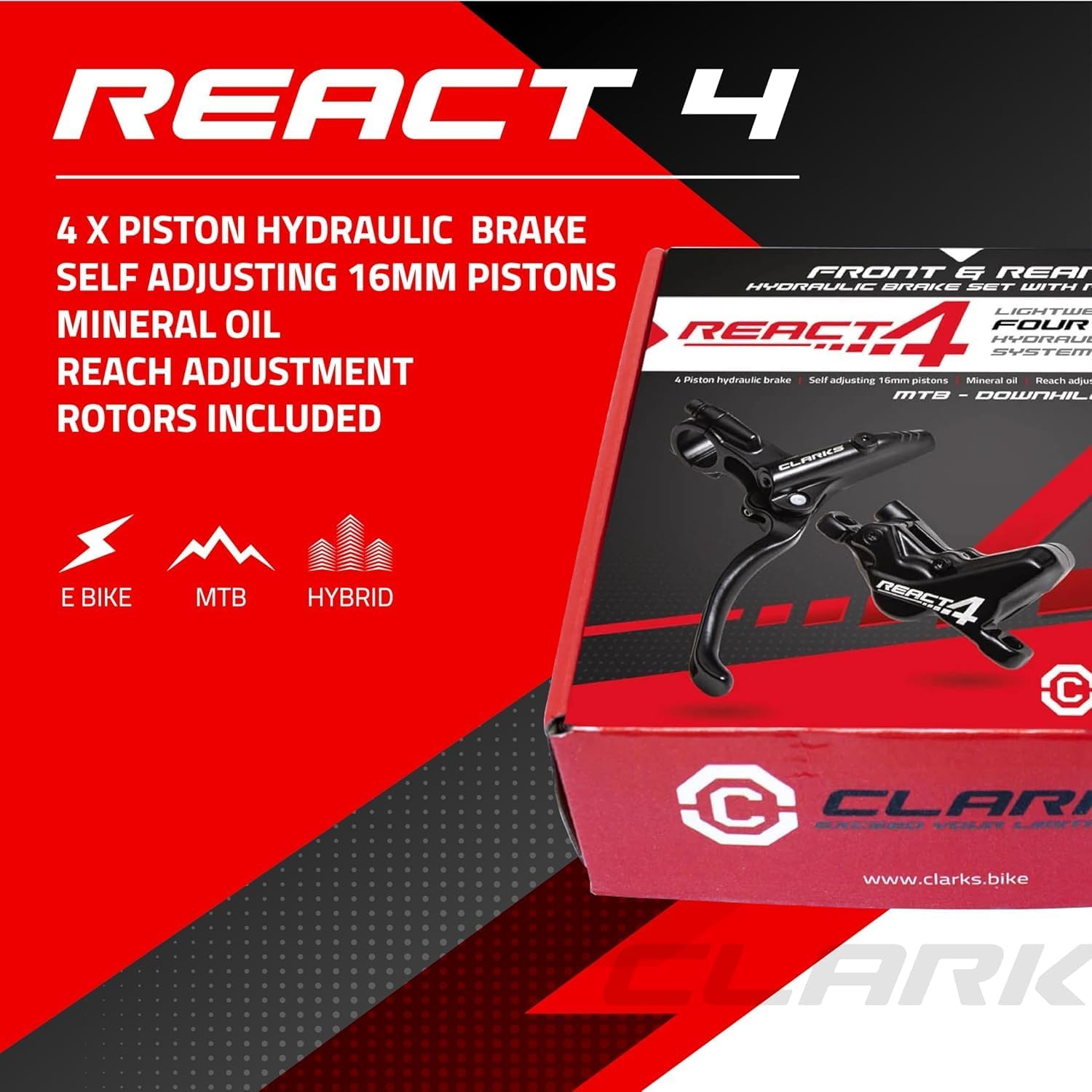 Clarks Cycle Systems React-4 Piston Front & Rear Hydraulic Disc Brake Set