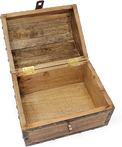 Miniatura 5 de Nautical Cove Cofre del tesoro de madera con acabado envejecido con remaches decorativos y tiras de hierro de refuerzo con cerradura y llaves de