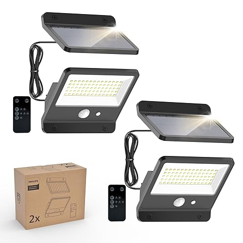 Philips Solar Security Light Outdoor LED 6500K, Solar-Powered Flood Light w/PIR Motion Sensor, Remote Control w/16ft Cable, IP65 Waterproof, 3 Modes (2)