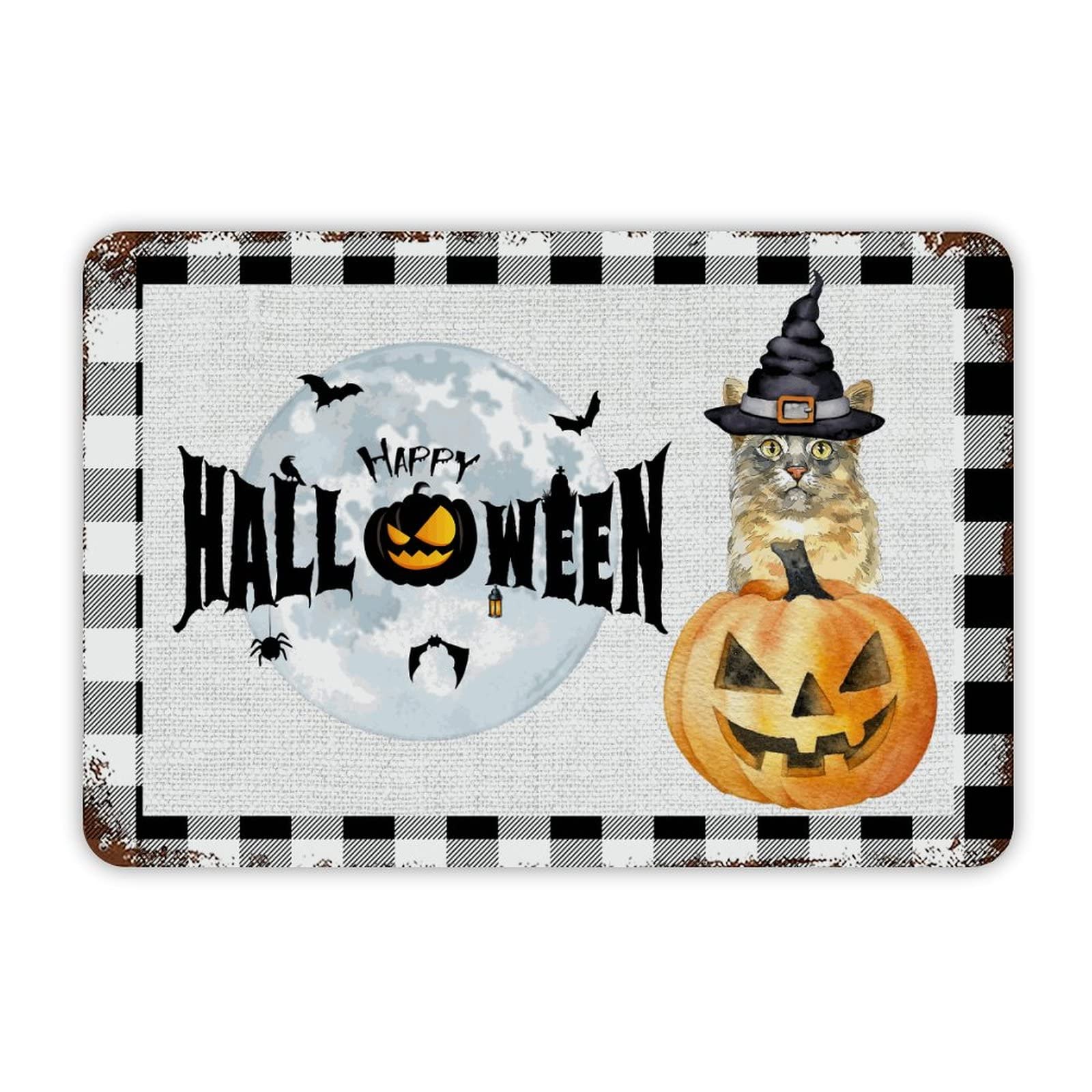 ENEDNATE Farmhouse Man Cave Metal Sign Happy Halloween Cat Witch Hat Pumpkin Retro Aluminum Tin Metal Signs for Indoor & Outdoor Yard Office Kitchen Living Room Door Home Décor 8x12 Inch