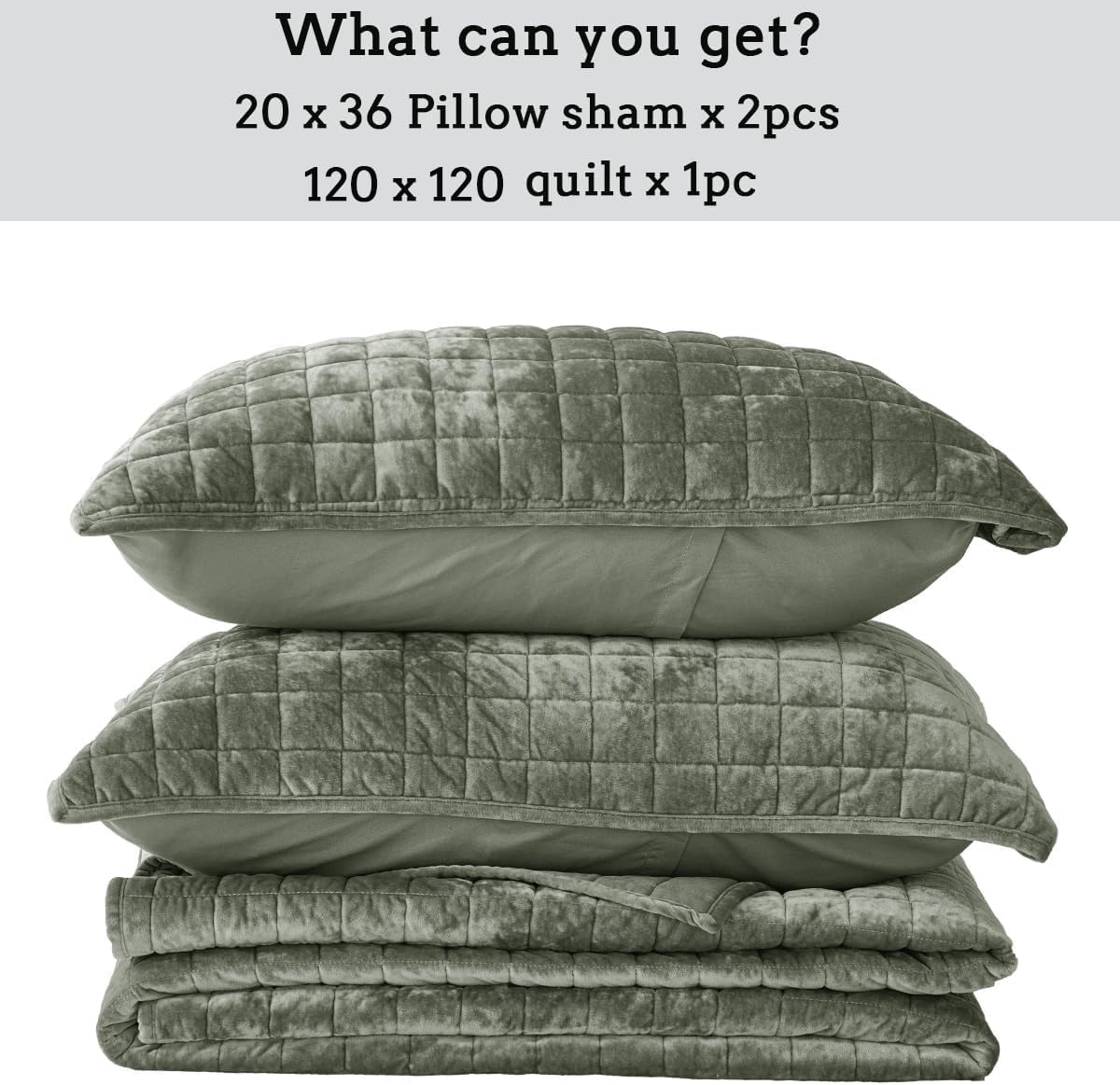Quilt Set Oversized King Size 120x120 Luxurious Velvet Bedding Sets with 2 Pillow Shams 20x36 3 Pieces Ultra Soft Quilted Bedspread Coverlet Comforter for All Season,Army Green - Image 7